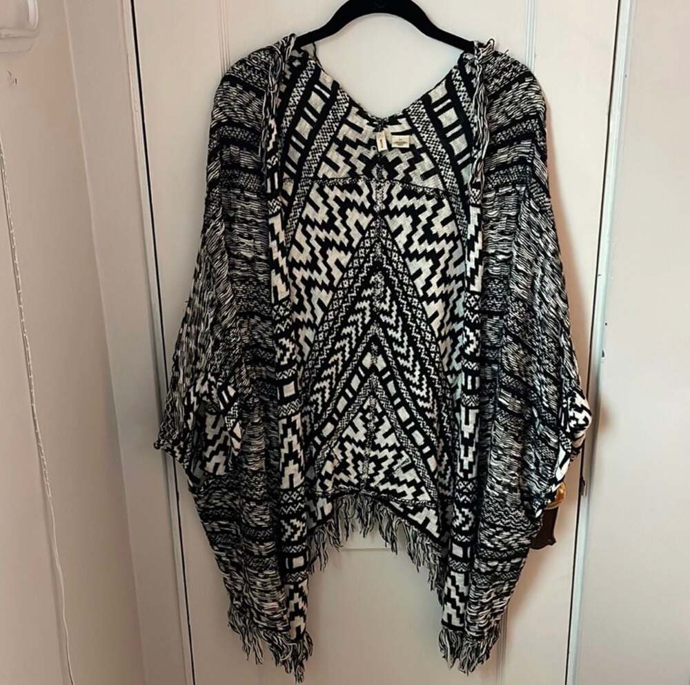 Boho Aztec Fringe Hooded Poncho | Western Indie Knit